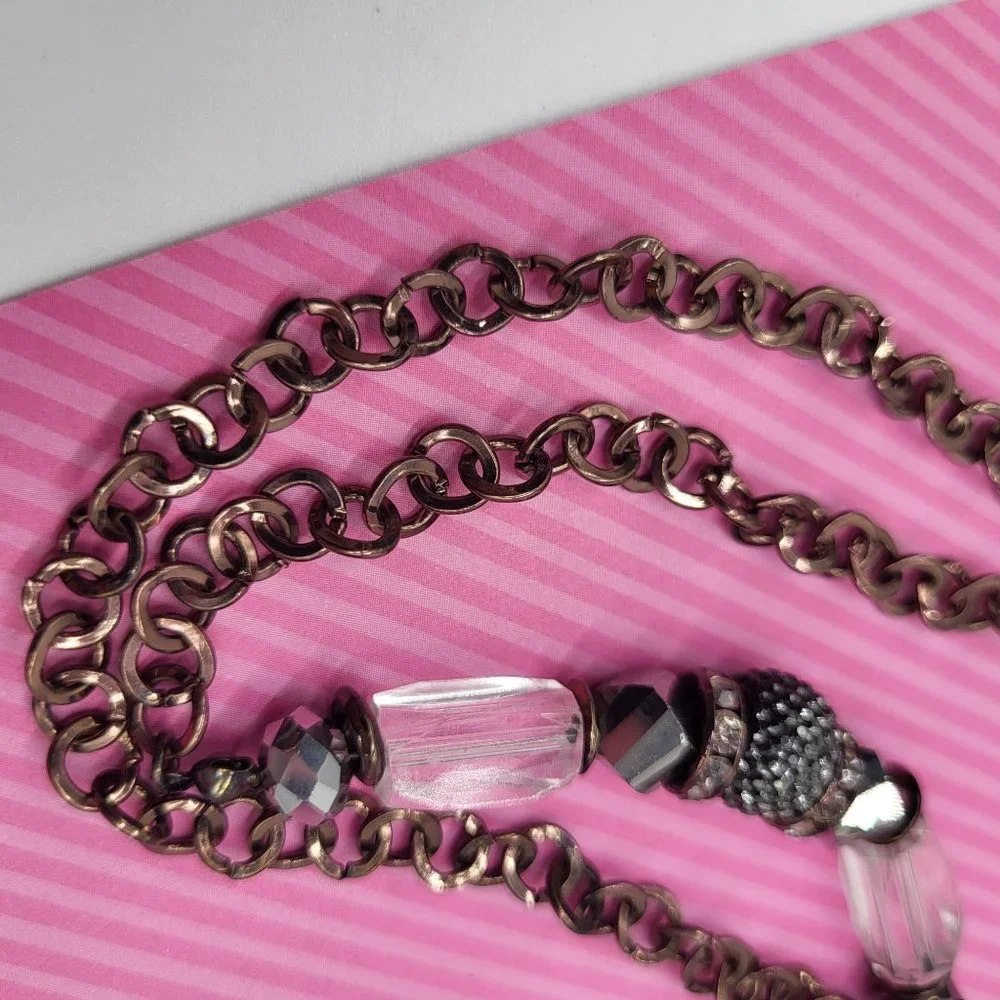INC Intl Concepts Metal Necklace Gunmetal Silver Clear Rhinestone Faceted Beads